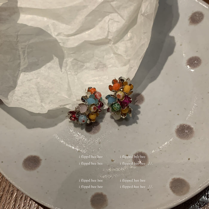 Wholesale flowers natural stone  925 silver ins rainbow small stone earrings
