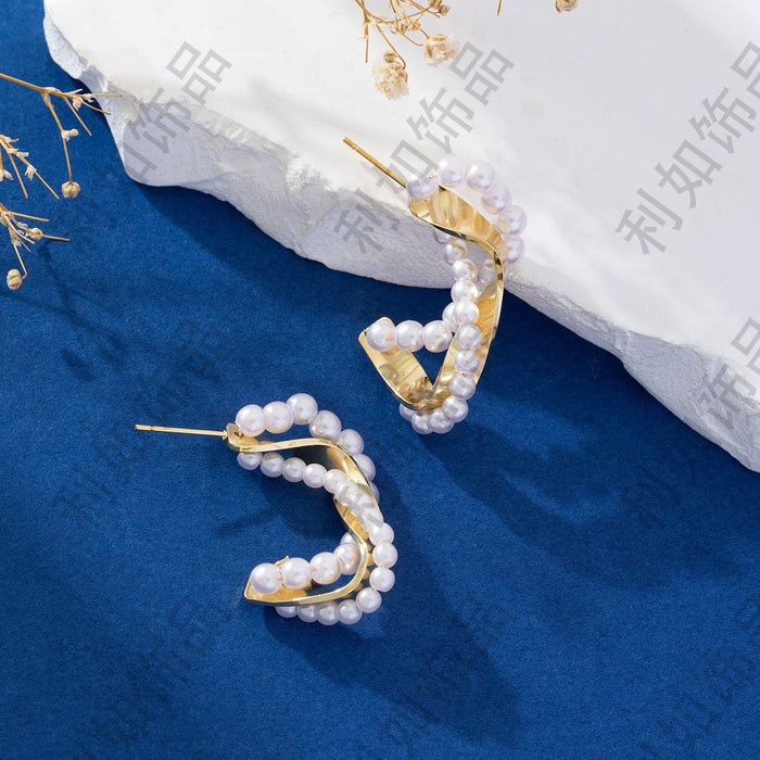 Wholesale New irregular retro pearl wrapped geometric pure copper silver needle earrings trendy earrings