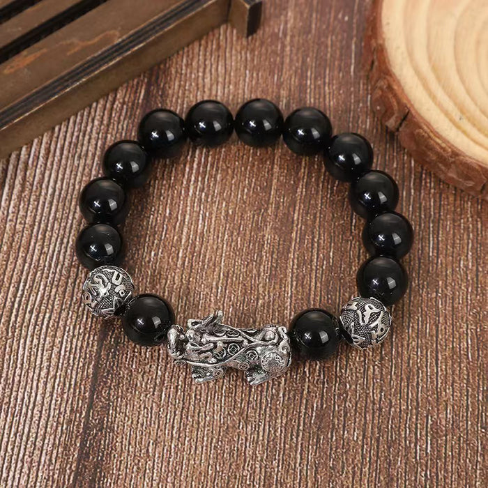 Wholesale Buddha bead bracelet for men, obsidian for wealth, silver jewelry, vintage gift