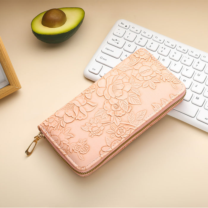 Wholesale Literary Floral Embossed Women' s Pu Wallet Light Blue Daily Matching Boutique MOQ:3