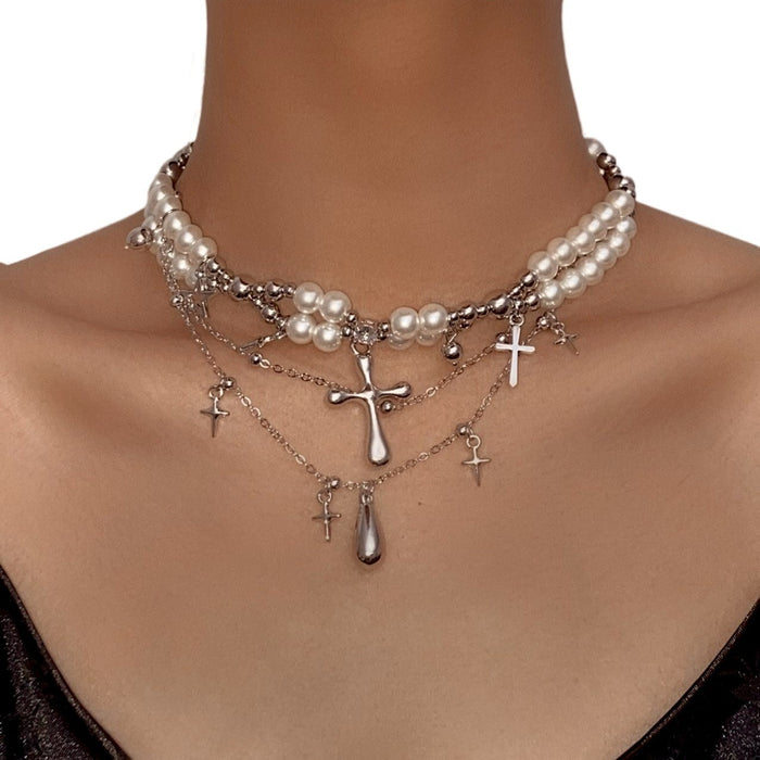 Wholesale Stacked Cross Pearl Long Necklace Niche Clavicle Chain