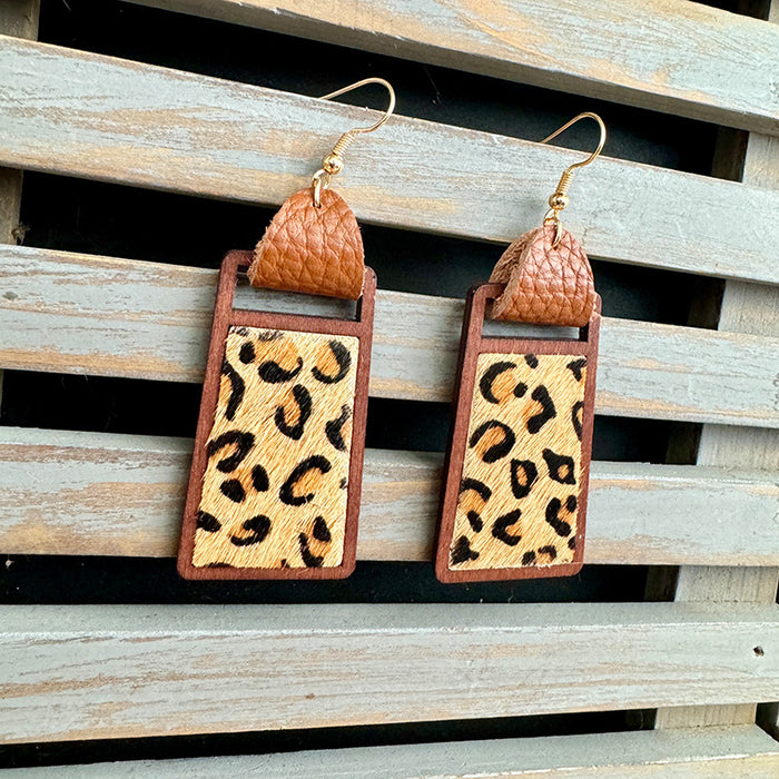 Wholesale Western genuine leather earrings Cow brand geometric hollow inlaid leopard print classic exaggerated earrings