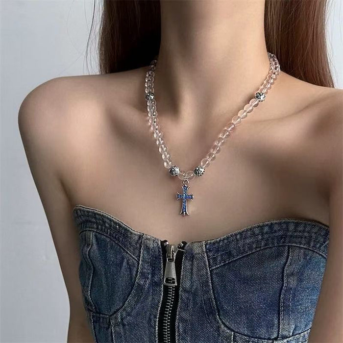 Wholesale Transparent bead blue cross pendant necklace, niche, light luxury design, collarbone chain