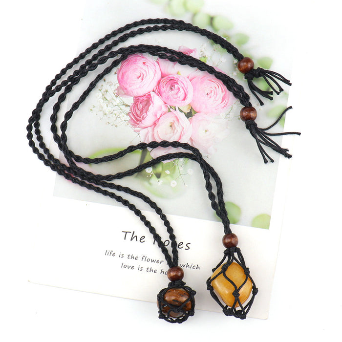 Wholesale Crystal Raw Stone Natural Stone Black Mesh Pocket Woven Necklace Adjustable Raw Stone Mesh Pocket Sweater Chain JDC-NE-HXu001