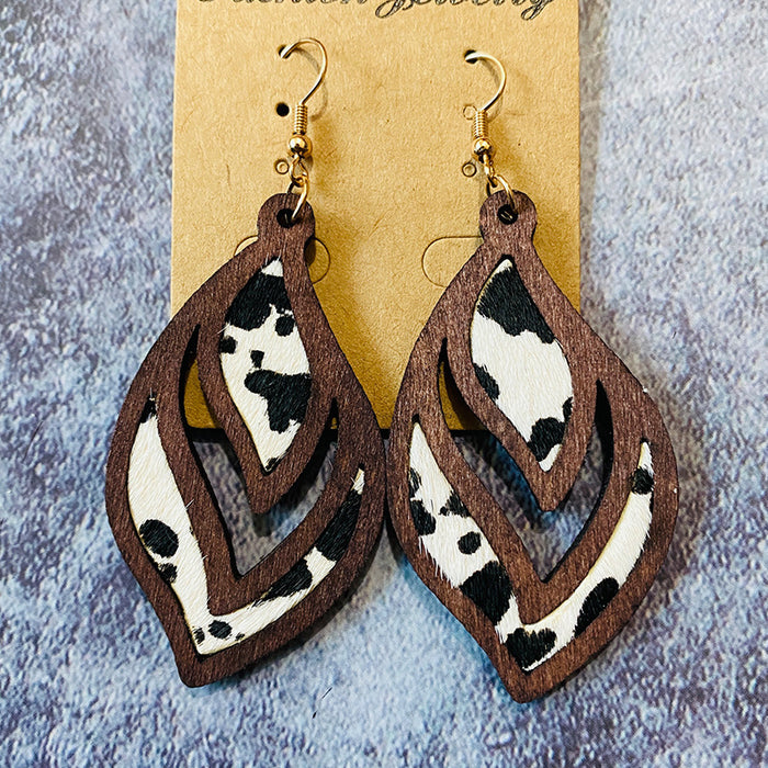 Wholesale Western retro wooden earrings leopard print milk pattern inlaid earrings geometric hollow