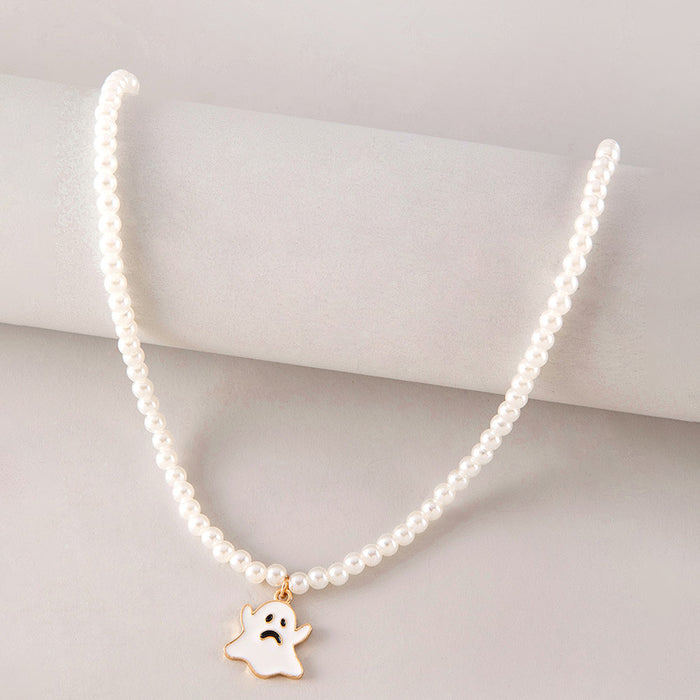 Wholesale Ghost Pendant Necklace White Imitation Pearl Chain Trendy Fashion Accessory MOQ≥2