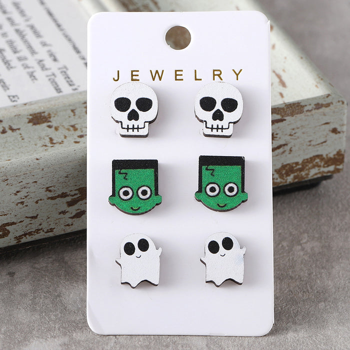 Wholesale  Bat Pumpkin Black Cat Skull Ghost Earring Set Wooden Party Earring Gift