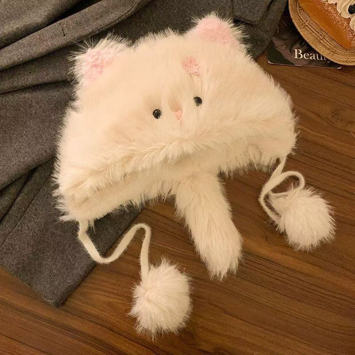 Wholesale Cute Hairpin Cat Fluffy Hat Women's Autumn and Winter Thickened Warm Cold-proof Ear Protectors Hat Neck Protectors