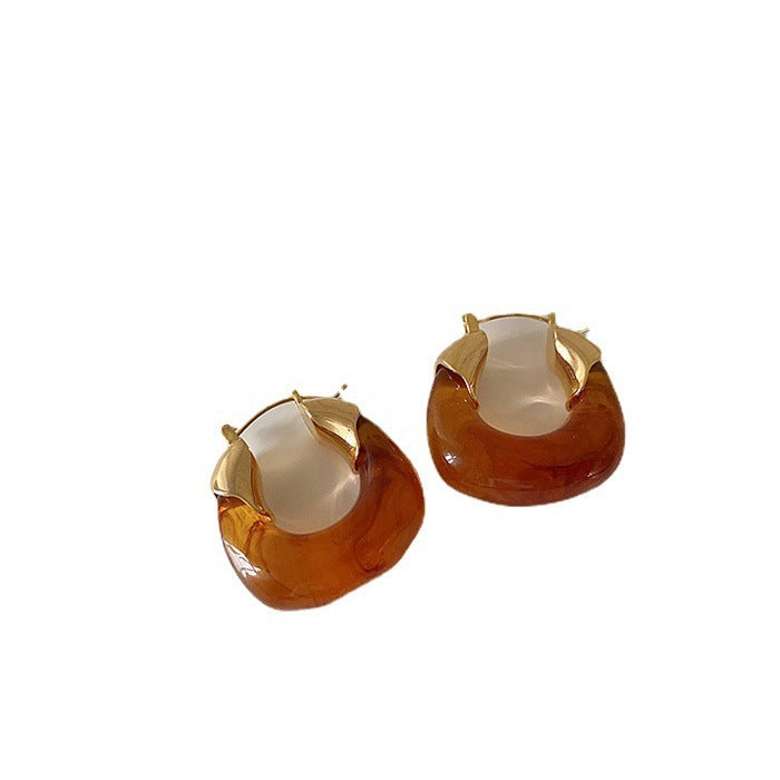 Wholesale Retro geometric U-shaped colored transparent resin and metal earrings