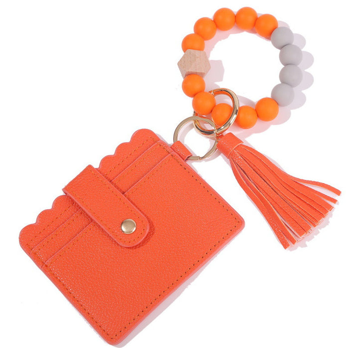 Wholesale Silicone Beads Bracelet Card Holder Leopard Print PU Leather Tassel Pendant Keychain JDC-KC-JinY010