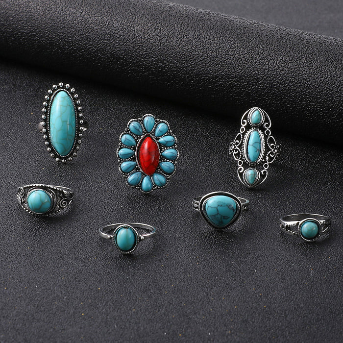 Wholesale 2pcs retro Bohemian turquoise 7 pieces set ring