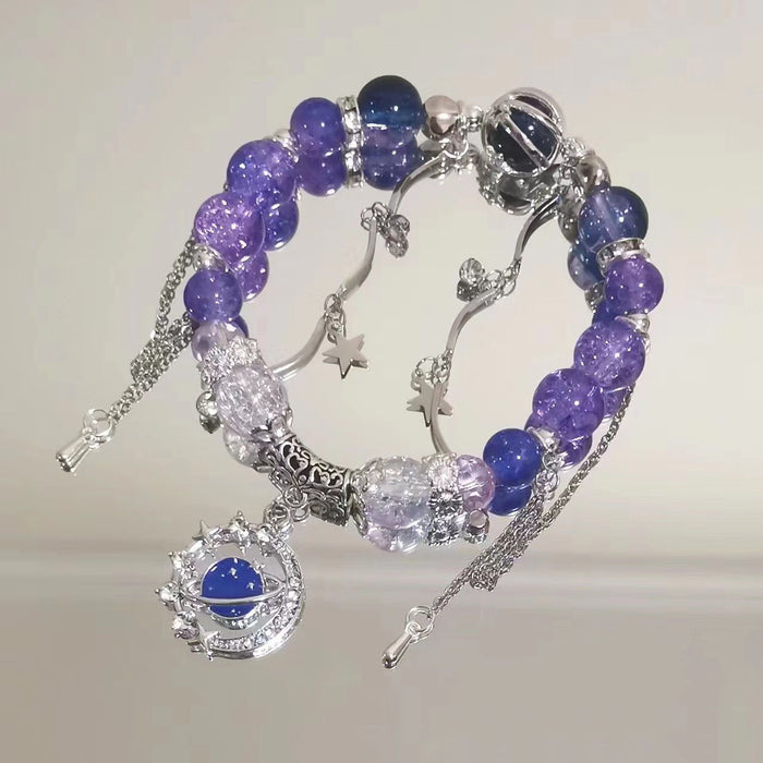 Wholesale Ice transparent purple butterfly tassel bracelet with niche design, handmade bead jewelry