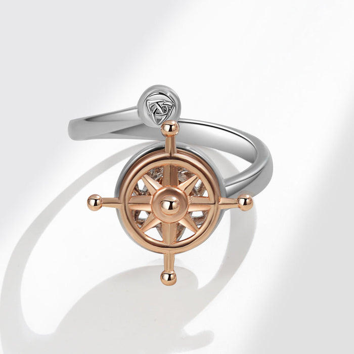 Wholesale Nautical Compass Ship Wheel Ring For Women Adjustable Gold Copper Open Band Trendy Fashion Jewelry Gift
