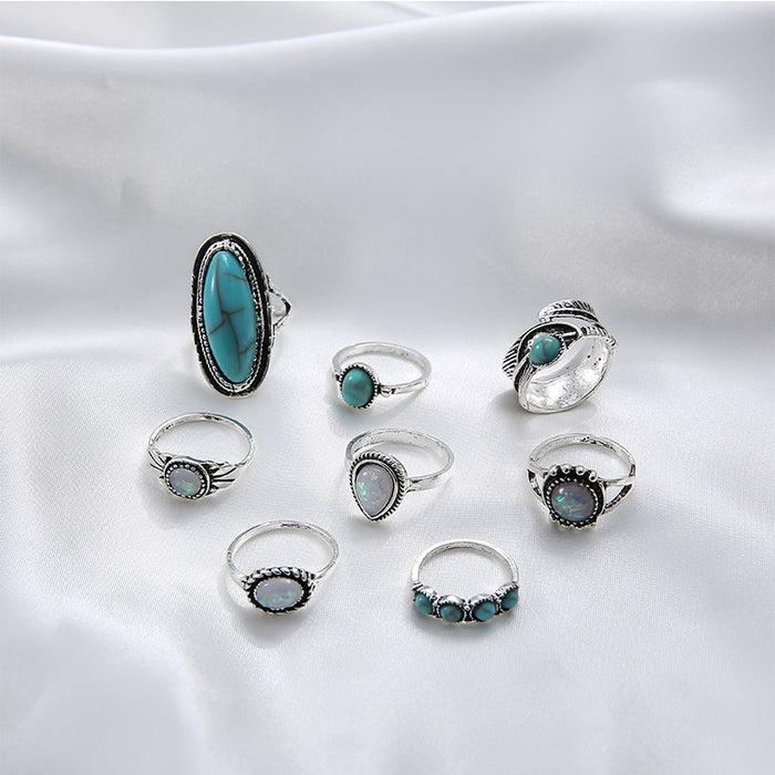 Wholesale 2pcs vintage inlaid turquoise 8 joint ring set