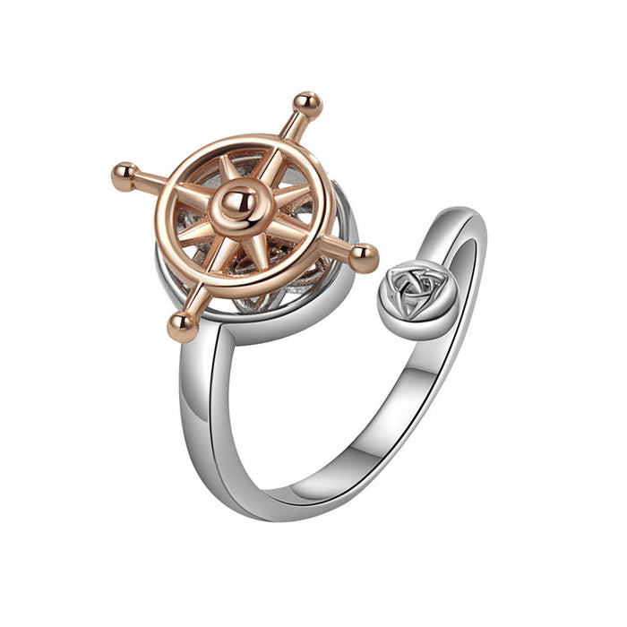 Wholesale Nautical Compass Ship Wheel Ring For Women Adjustable Gold Copper Open Band Trendy Fashion Jewelry Gift