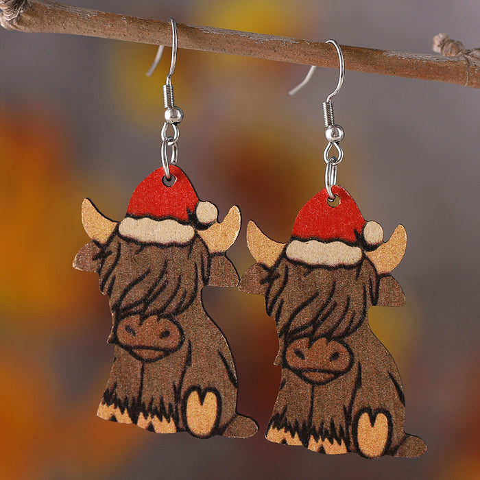 Wholesale Christmas Western Style Christmas Hat Alpine Cow Pendant Earrings Wooden Double-Sided Earrings Christmas Ornaments