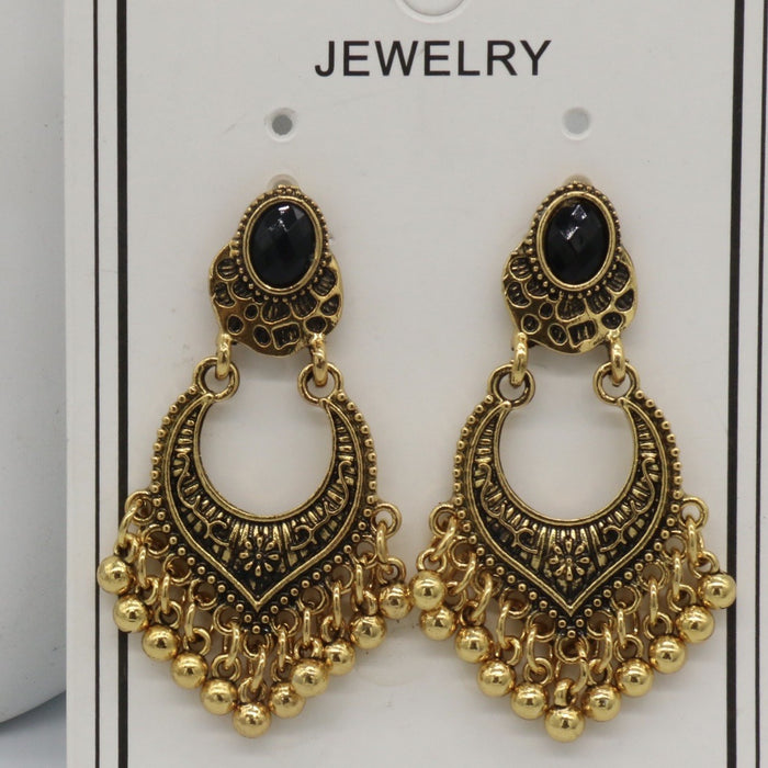 Wholesale Earrings with retro carved black gemstone tassel earrings
