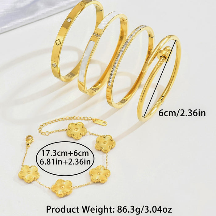Wholesale Stainless Steel Gold Bangle Set With Rhinestones Chic Four Leaf Clover Design Fashion Jewelry Accessory