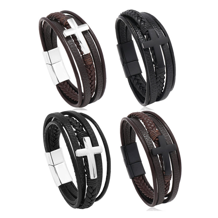 Wholesale Men's Hot Sale Hand Jewelry Can Be Engraved Braided Handmade Leather Magnetic Buckle Cross Alloy Bracelet JDC-BT-XH007