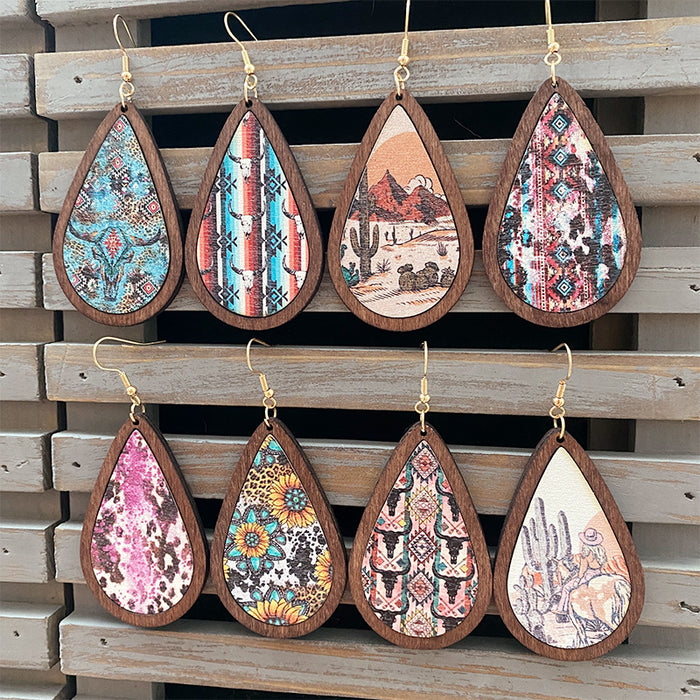 Wholesale Western Retro Wooden Earrings Aztec Water Drop Pattern Atmospheric