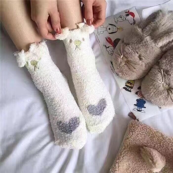 Wholesale Autumn and Winter coral fleece mid-calf length socks fleece-lined thickened floor socks cat ear home confinement socks