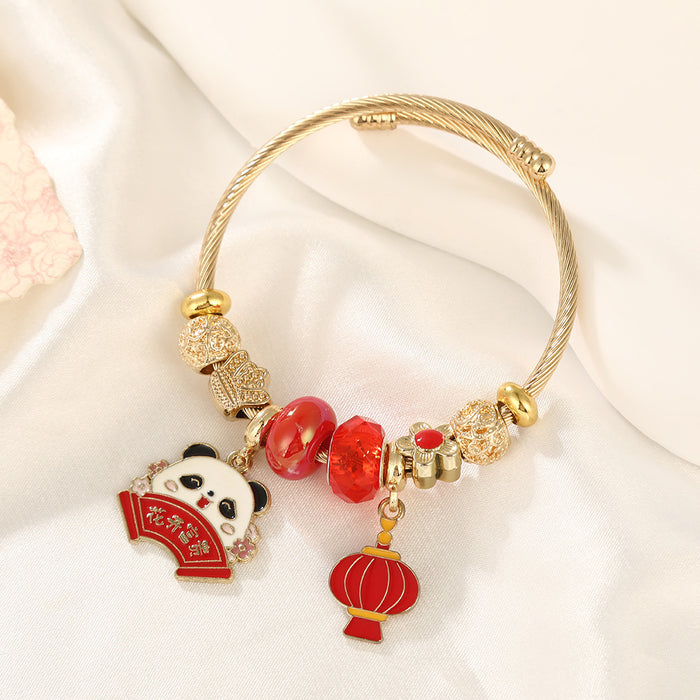 Wholesale Stainless Steel Cartoon Panda Bracelet with Red Lantern Pendant MOQ≥2