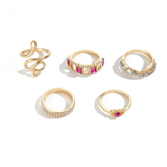Wholesale Exaggerated jewelry alloy diamond inlaid snake shaped ring set of 5 pieces, niche stacked ring set