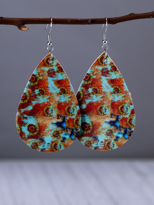 Wholesale Water Drop Shape Leather Sunflower Leaf Stripe Print Earrings JDC-ES-YiTian009