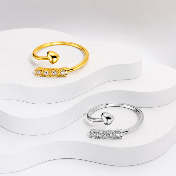 Wholesale Heart Rhinestone Open Adjustable Ring Stainless Steel Gold Plated Jewelry Accessory
