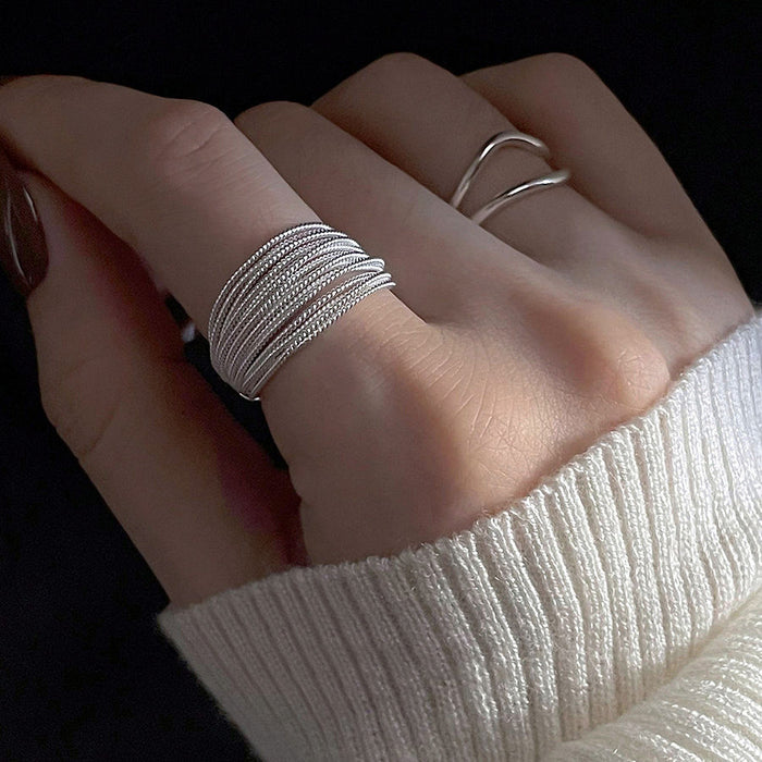 Wholesale Handmade layered silver ring with multiple layers of strands, exaggerated layering, cold style, diamond