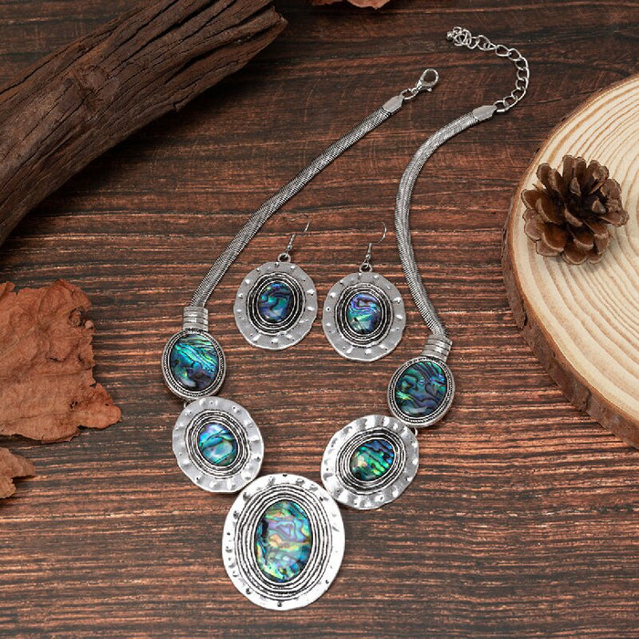 Wholesale Vintage Oval Snake Chain Abalone Shell Earring Necklace Set