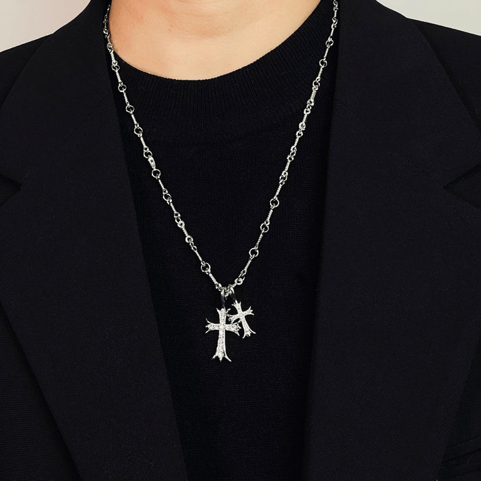 Wholesale Diamond studded double cross pendant for women, simple collarbone necklace for men, couple