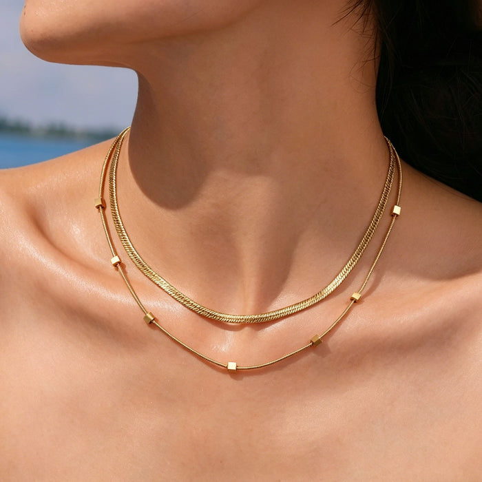 Wholesale 2pcs Stacked necklaces,  plain chain,  snake bone,  titanium steel chain