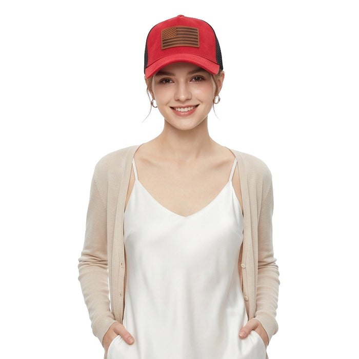 Wholesale Stylish American Flag Leather Patch Trucker Cap Suede Mesh Baseball Cap Summer Casual