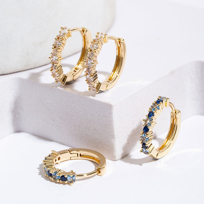 Wholesale Inlaid square blue zircon ear buckle, simple circle ear buckle, trendy accessory