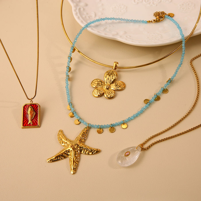 Wholesale New Fashion Stainless Steel Flower Necklace Natural Stone Starfish Accessories Color Preserving Wholesale