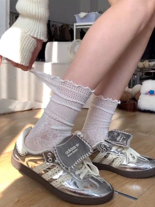 Wholesale Lace mesh socks, thin ballet style, mid tube, stacked white