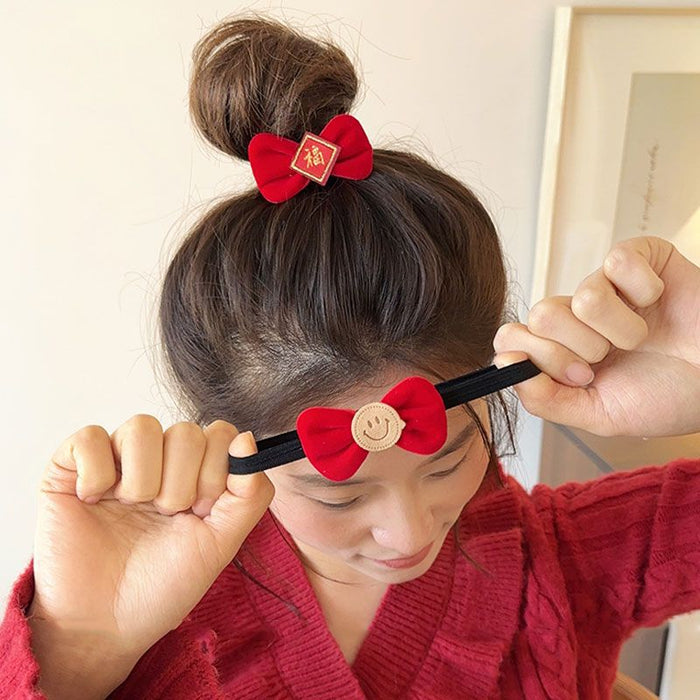 Wholesale New Year red bow hair band high elastic new year headdress baby rubber band children's festive hair accessories ponytail hair rope