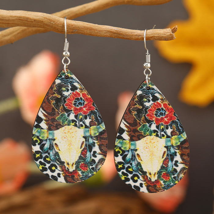 Wholesale Bull head sunflower water drop female model printing personality all-match long earrings trendy street shot wooden