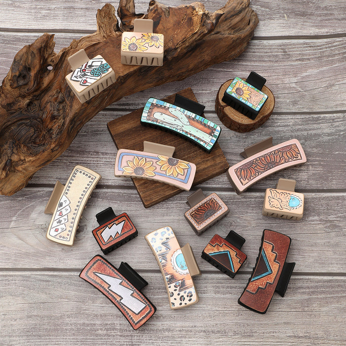 Wholesale Western Style Sunflower Cactus Poker Pattern Leather Hairclip Grab Clip Combination suit Women Shark Clip