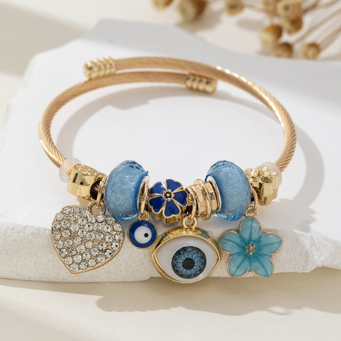 Wholesale DIY Beaded Bracelet Blue Devil' s Eye Rhinestone Love Flower Charms Bracelets
