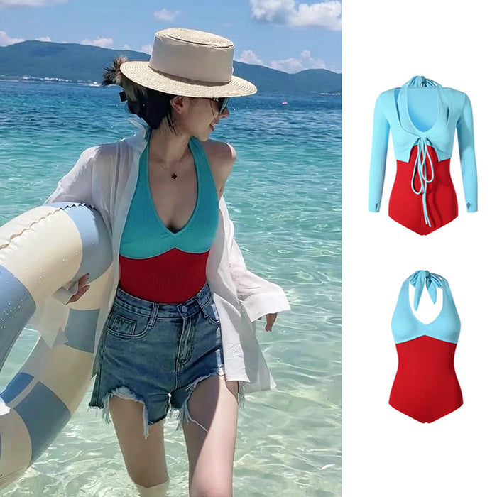 Wholesale Swimsuit one-piece two-piece set with long sleeves, sun protection, fashionable color blocking, and slim fit