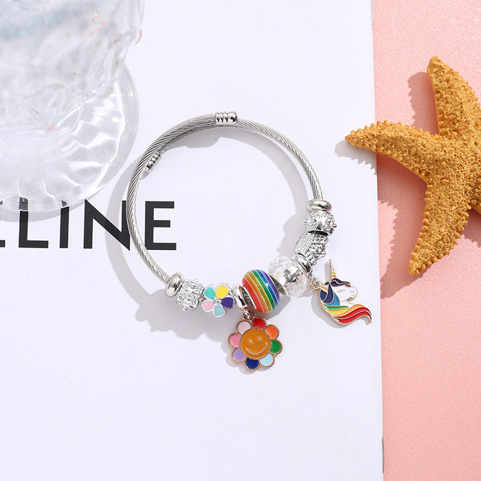 Wholesale Stainless Steel Unicorn Sunflower Pendant Opening Adjustable Beaded Bracelet