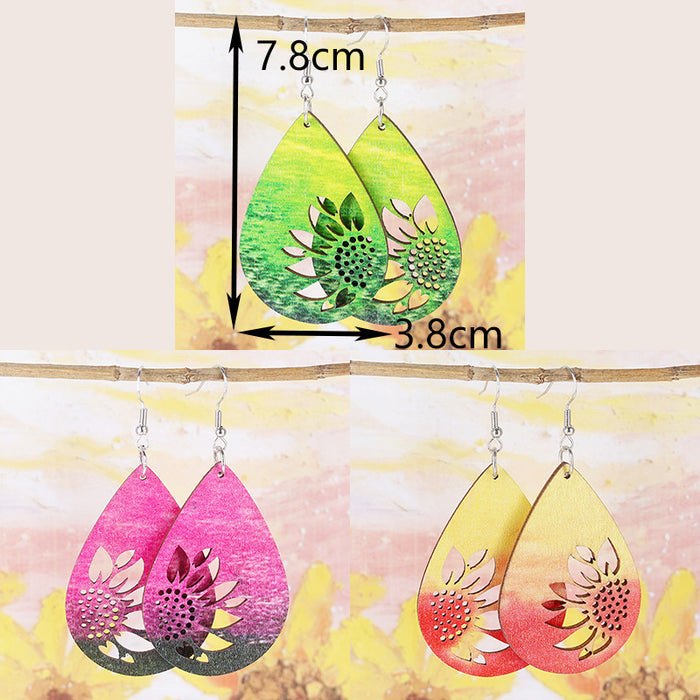 Wholesale Bohemian Resort Style Multicolour Sunflower Cut Out Wooden Earrings for Women