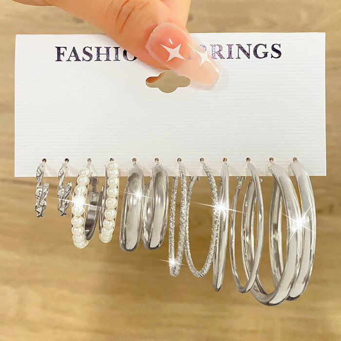 Wholesale 6-piece geometric pearl and diamond statement earring set