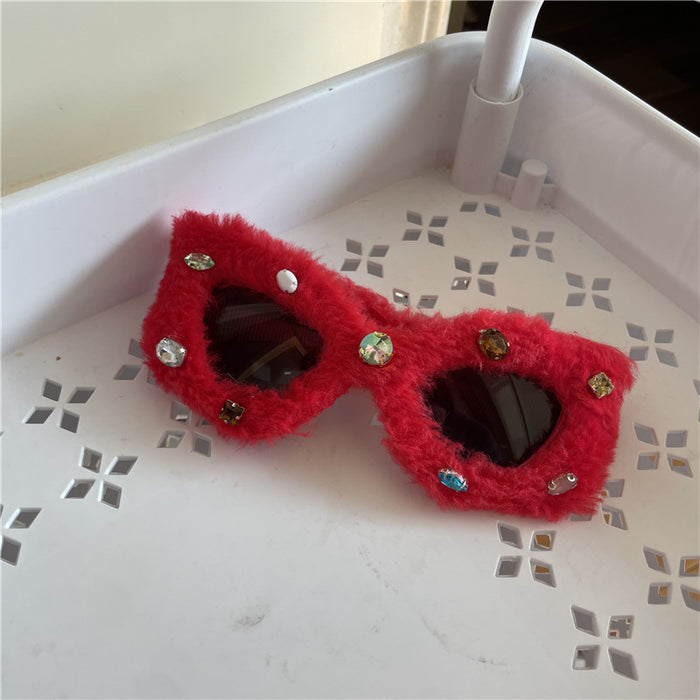 Wholesale Glasses birthday funny plush glasses triangle white cat ear sunglasses with diamond design