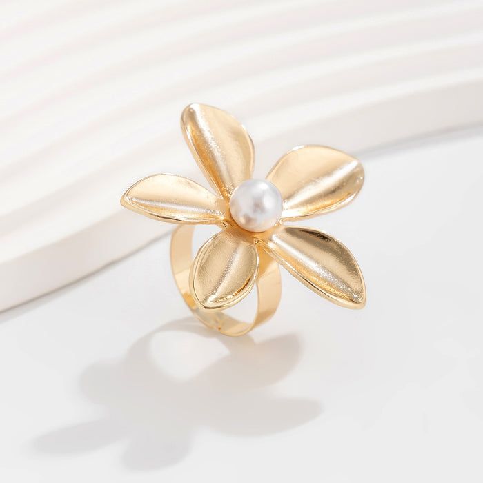 Wholesale Irregular droplet opening ring, fashionable texture, flower pearl ring