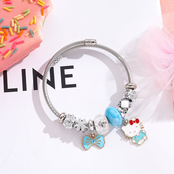 Wholesale Cartoon Stainless Steel Silver Bracelet Bow Pendant Beaded Charms Bracelet