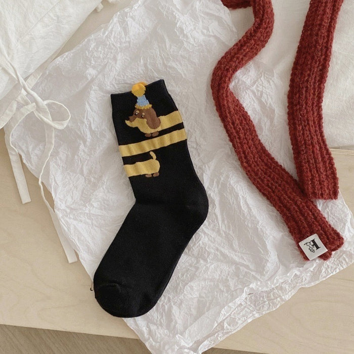 Wholesale Small dog embroidery, tube socks with folded edges, vertical stripes, stacked socks, cute and niche socks for children