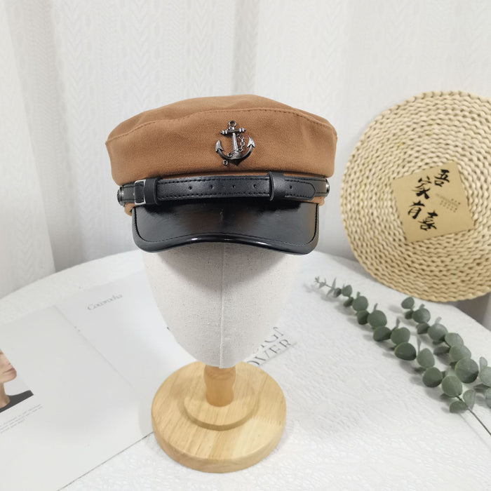 Wholesale New woolen octagonal hat women's belt buckle boat anchor flat top hat shiny leather wide brim versatile navy hat